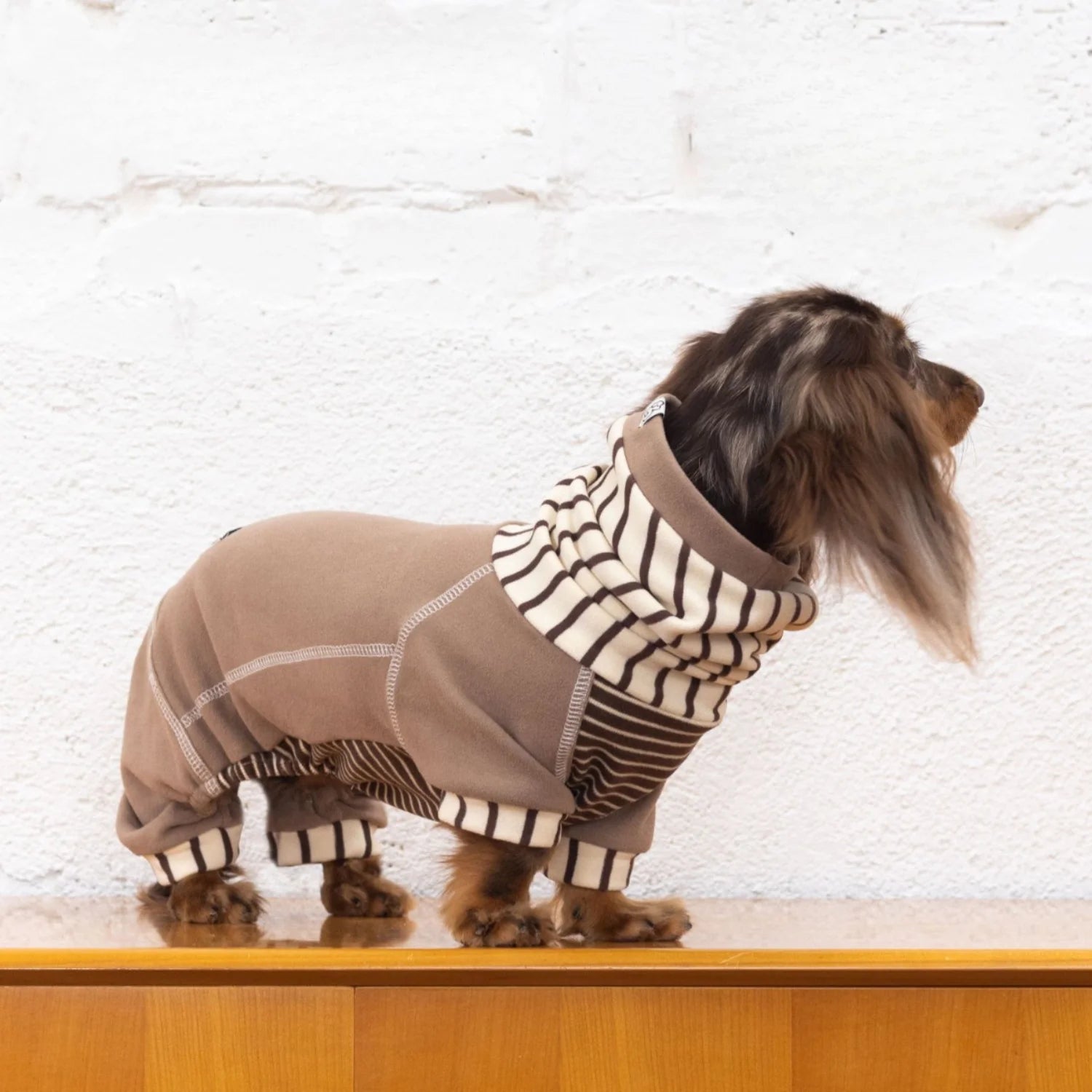 Caramel Striped Fleece Onesie Hoodie for Dachshunds
