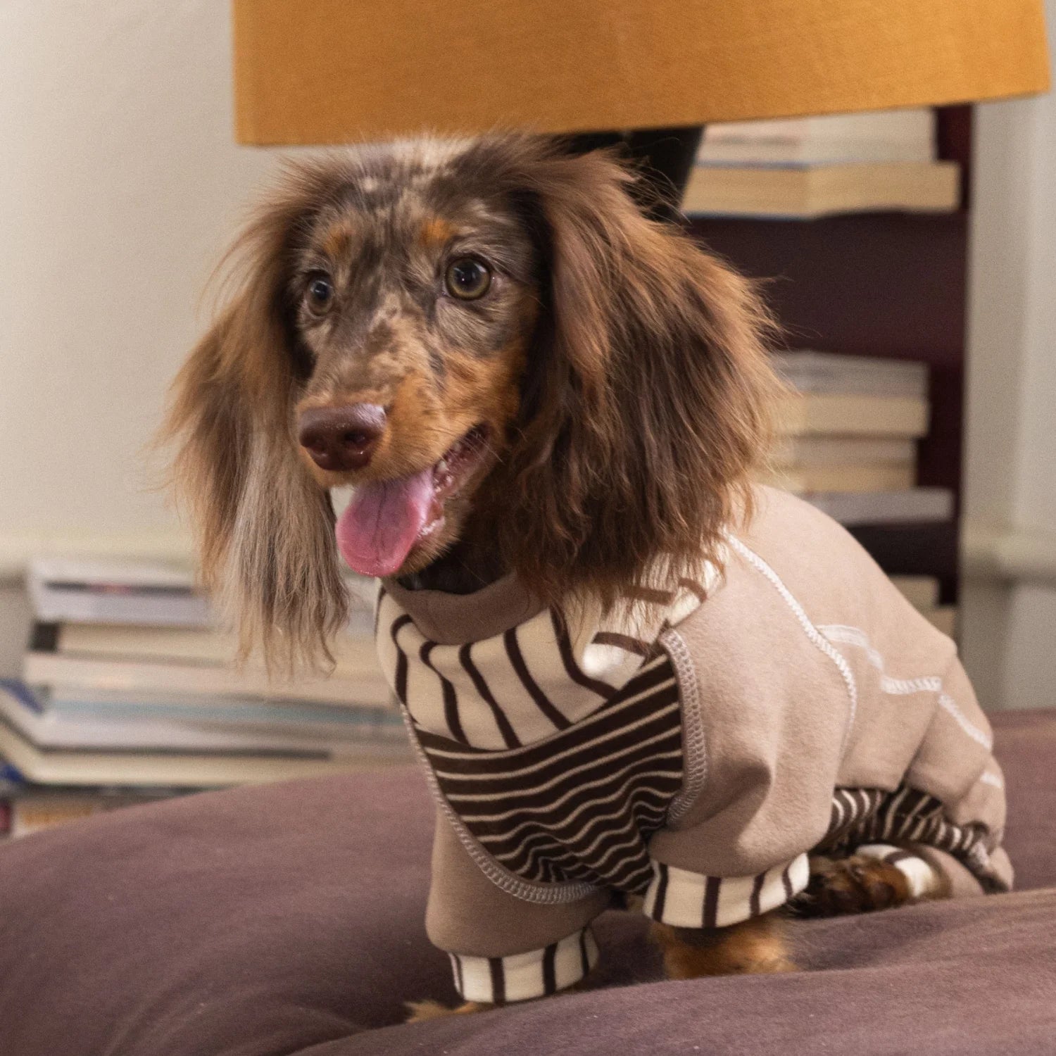 Caramel Striped Fleece Onesie Hoodie for Dachshunds