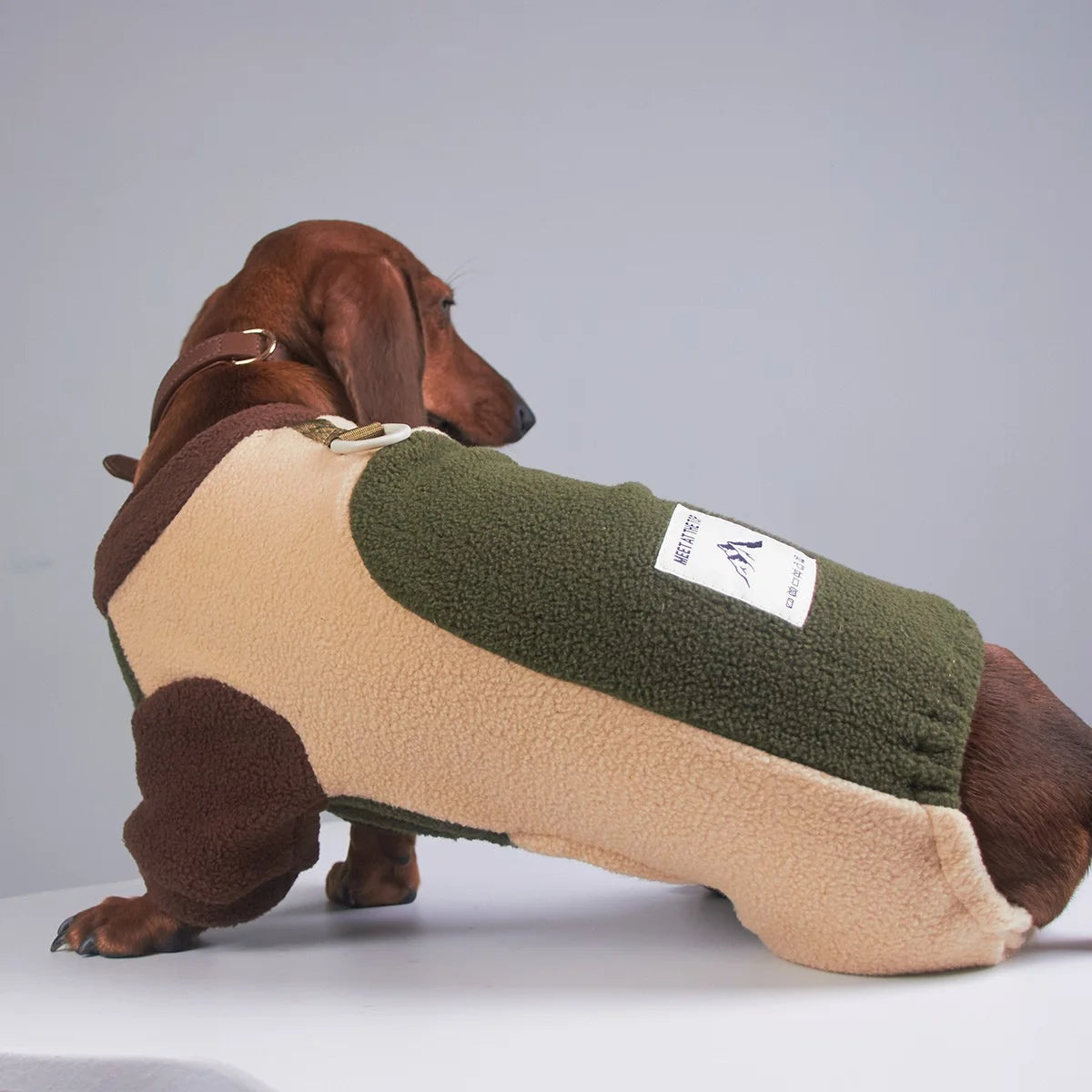 Tri-Color Fleece Dachshund Onesie with Leash Ring - Beige